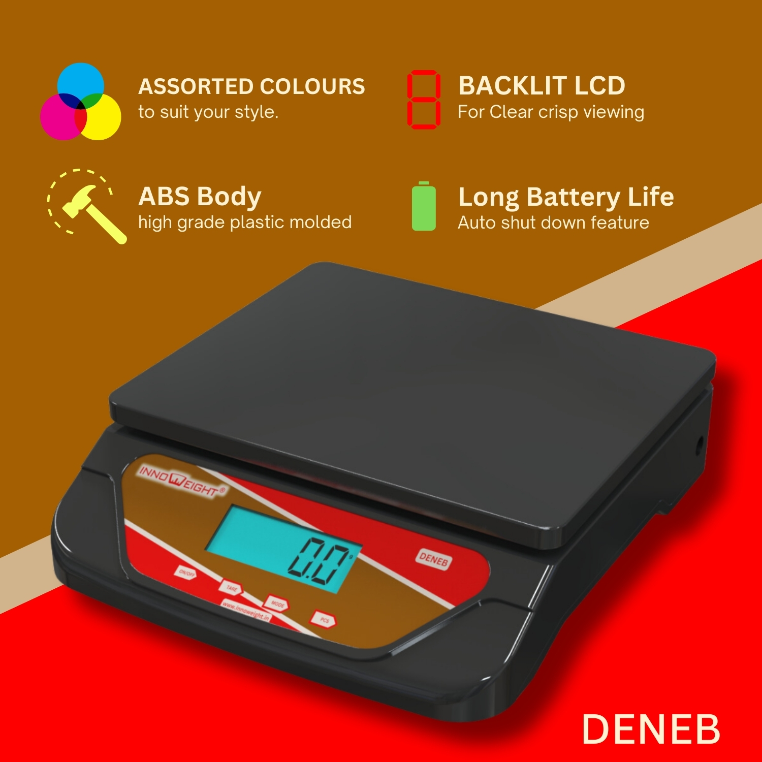 Innoweight® Deneb Weighing Scale. Table top. ABS Body. 10KG to 30KG. 2AA Battery operated