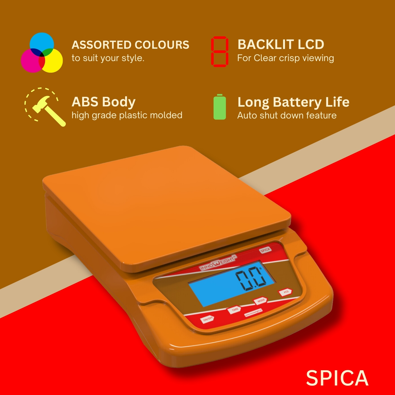 Innoweight® Spica Weighing Scale. ABS Body 10kg Weighing Scale for Multipurpose use. Assorted Colours