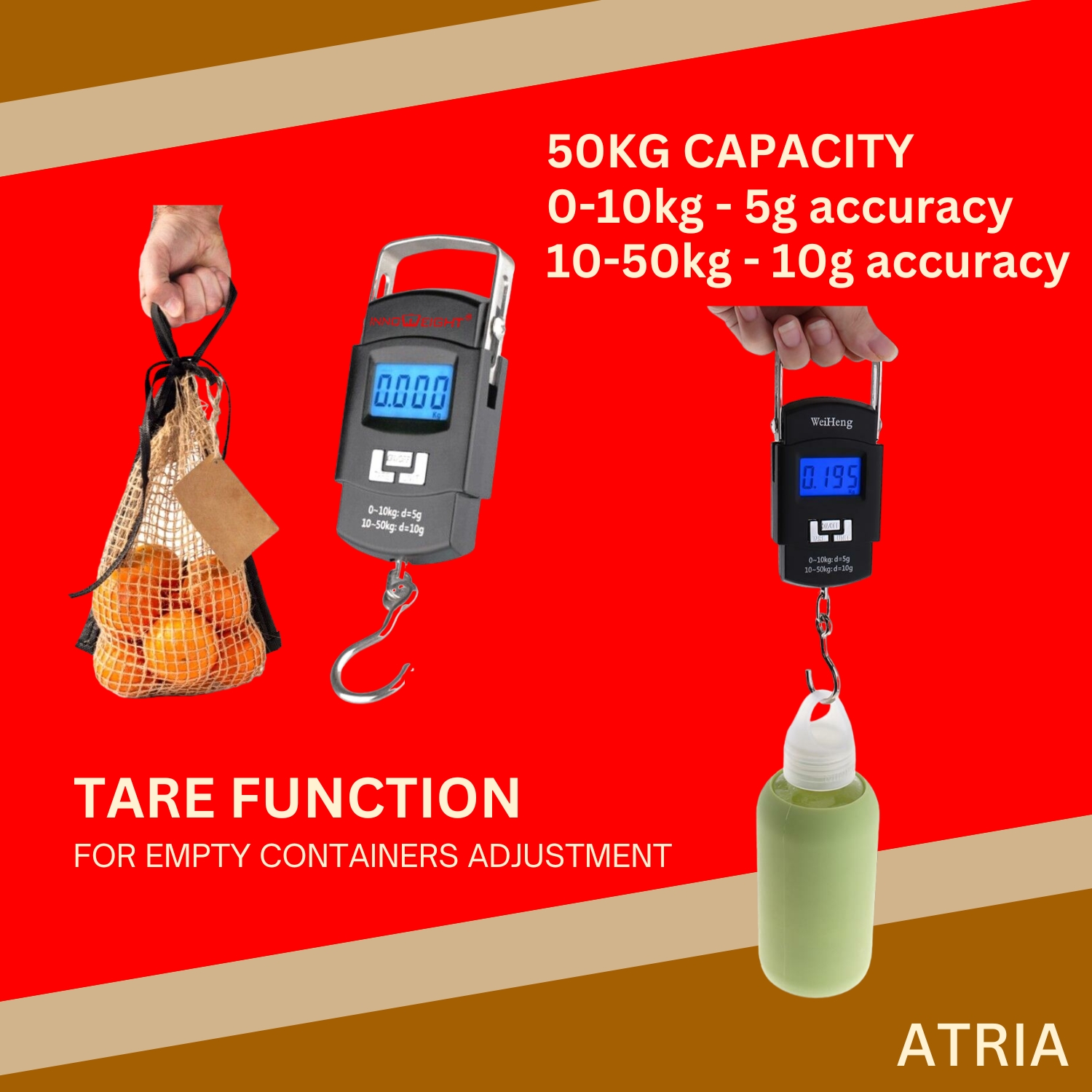 Innoweight Atria Digital Hanging Stainless Luggage Scale with Steel Hook, Portable with LCD Display, 50Kg, Black