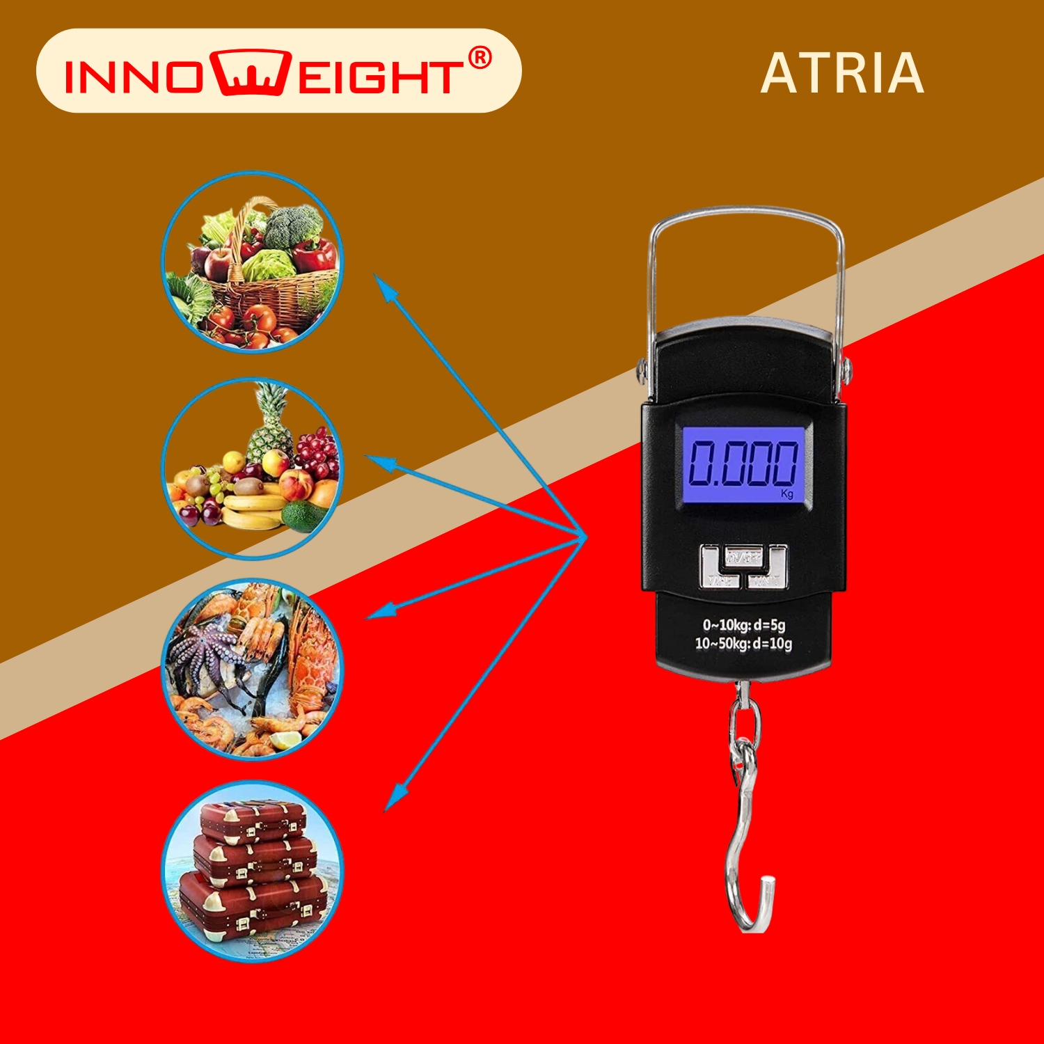 Innoweight Atria Digital Hanging Stainless Luggage Scale with Steel Hook, Portable with LCD Display, 50Kg, Black