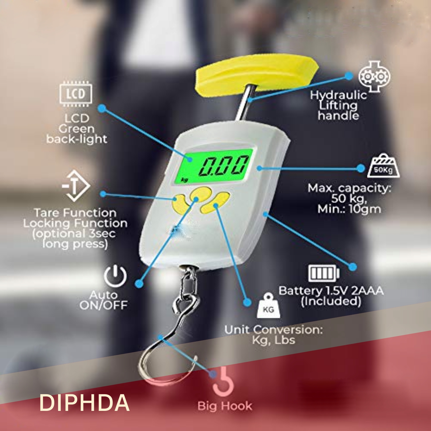 Innoweight Diphda Electronic Travel Luggage scale. Compact size, Retractable easy grip Handle, Stainless steel hook and sensor
