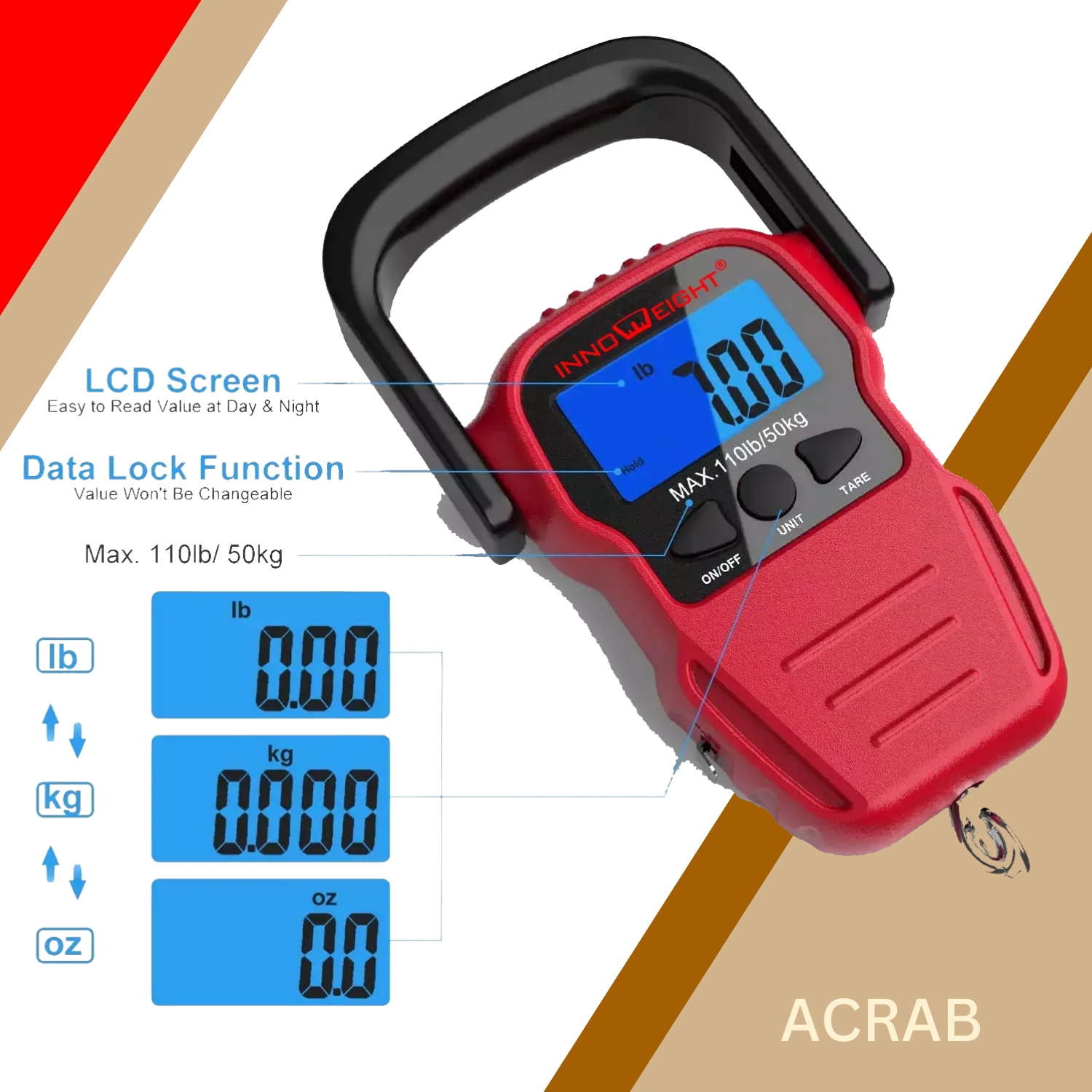 Innoweight Acrab Digital Hanging Scale. 50kg, For Luggage, Grocery and home use, with Measuring tape
