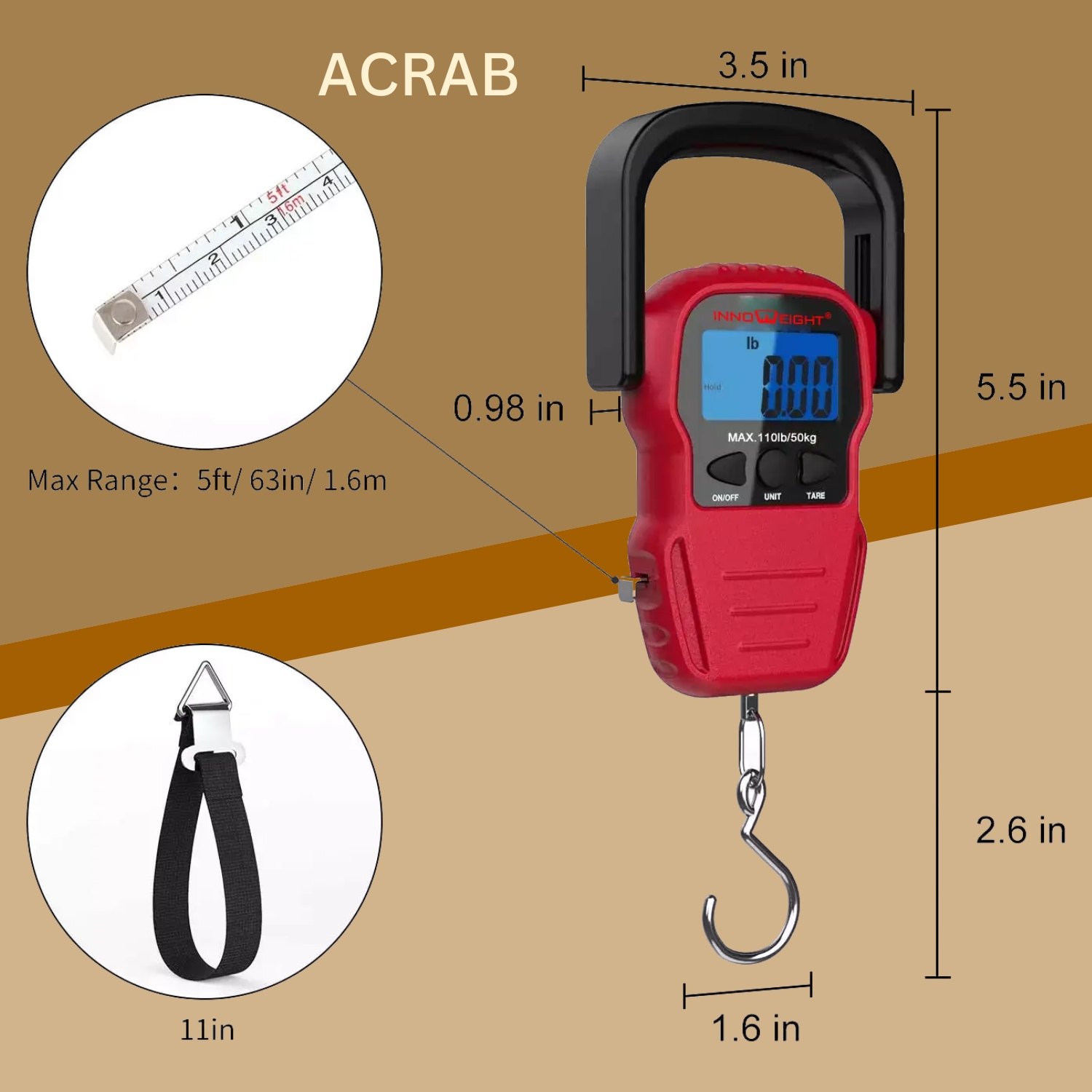 Innoweight Acrab Digital Hanging Scale. 50kg, For Luggage, Grocery and home use, with Measuring tape