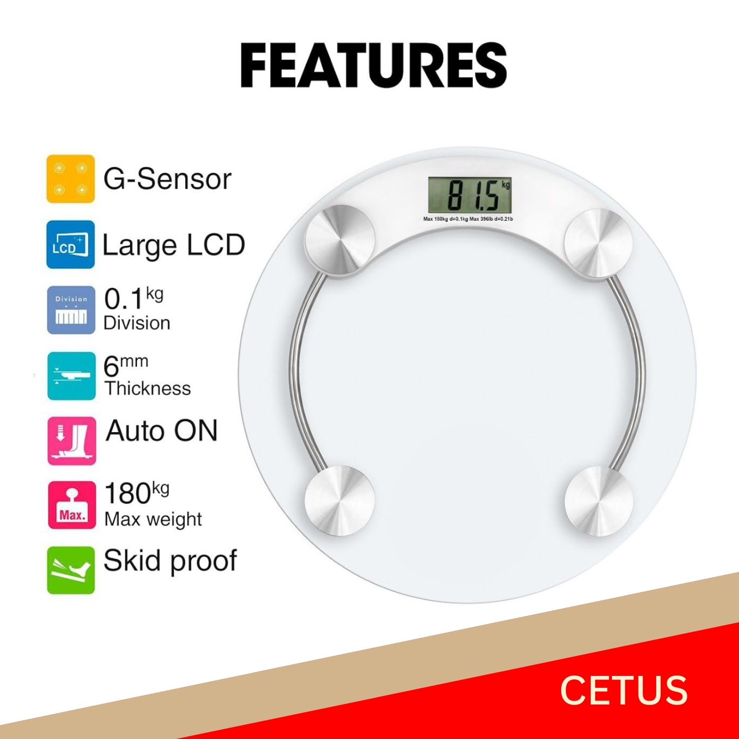 Innoweight Cetus Electronic Body Weighing Scale, Personal Bathroom Scale, 150kg Capacity, Round slim glass body