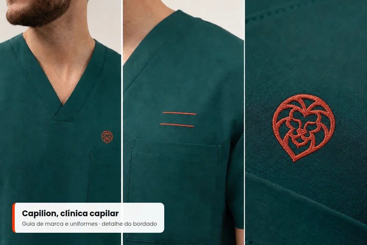 Identidade visual para pequenas empresas: detalhe do bordado no uniforme da clínica Capilion
