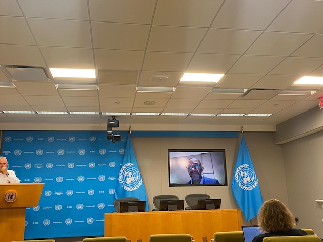 Stephen Rodriguez, UNDP’s resident representative in Afghanistan, addresses a UN press conference via videolink on the impact of the earthquakes on the country and its people. Credit: Jennifer Xin-Tsu Lin Levine/IPS