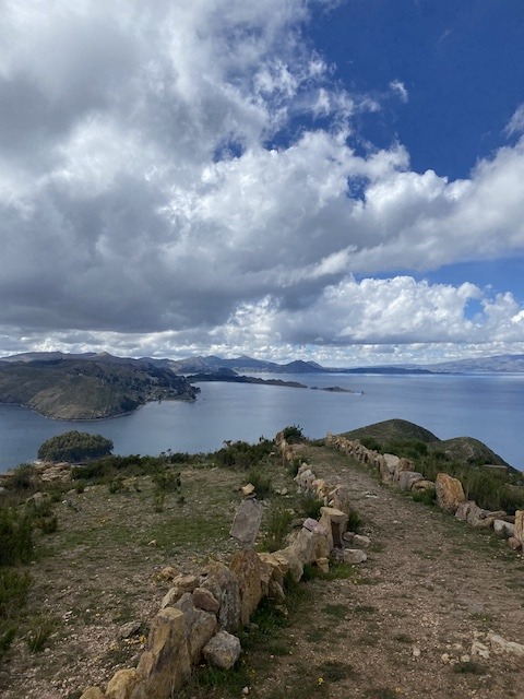 A path passing over Isla del Sol, looking across to the Bolivian mainland