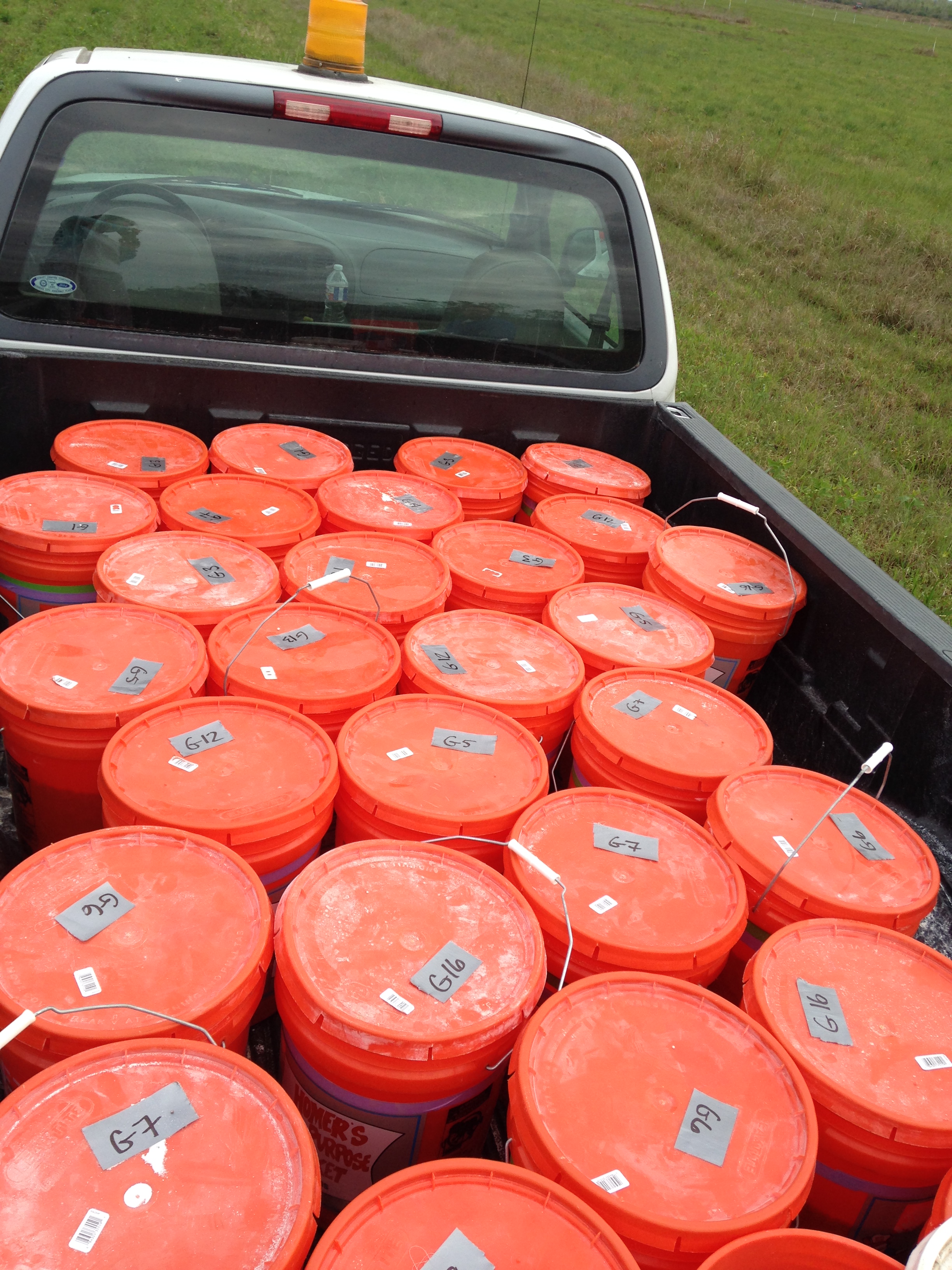 Almost all the buckets of fertilizer needed for 16 plots