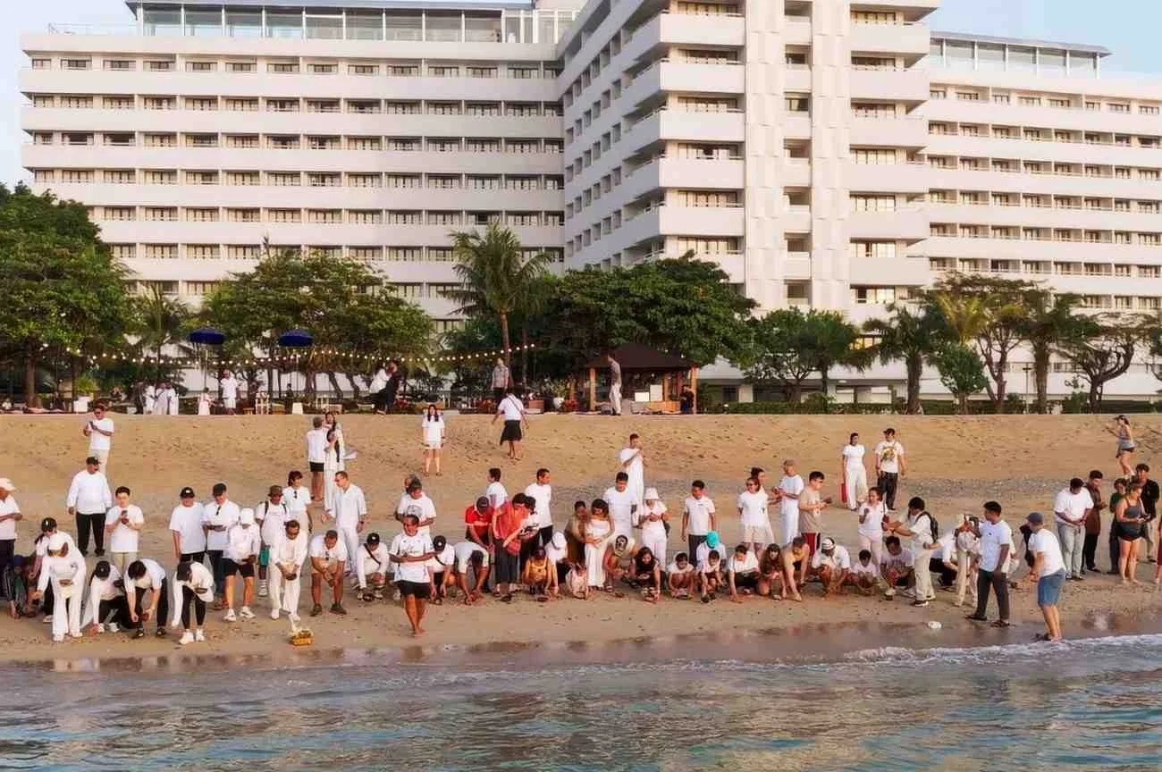 Wisatawan dan manajemen hotel saat melepasliarkan puluhan tukik lekang ke laut di Pantai Sanur dalam rangka World Turtle Day.