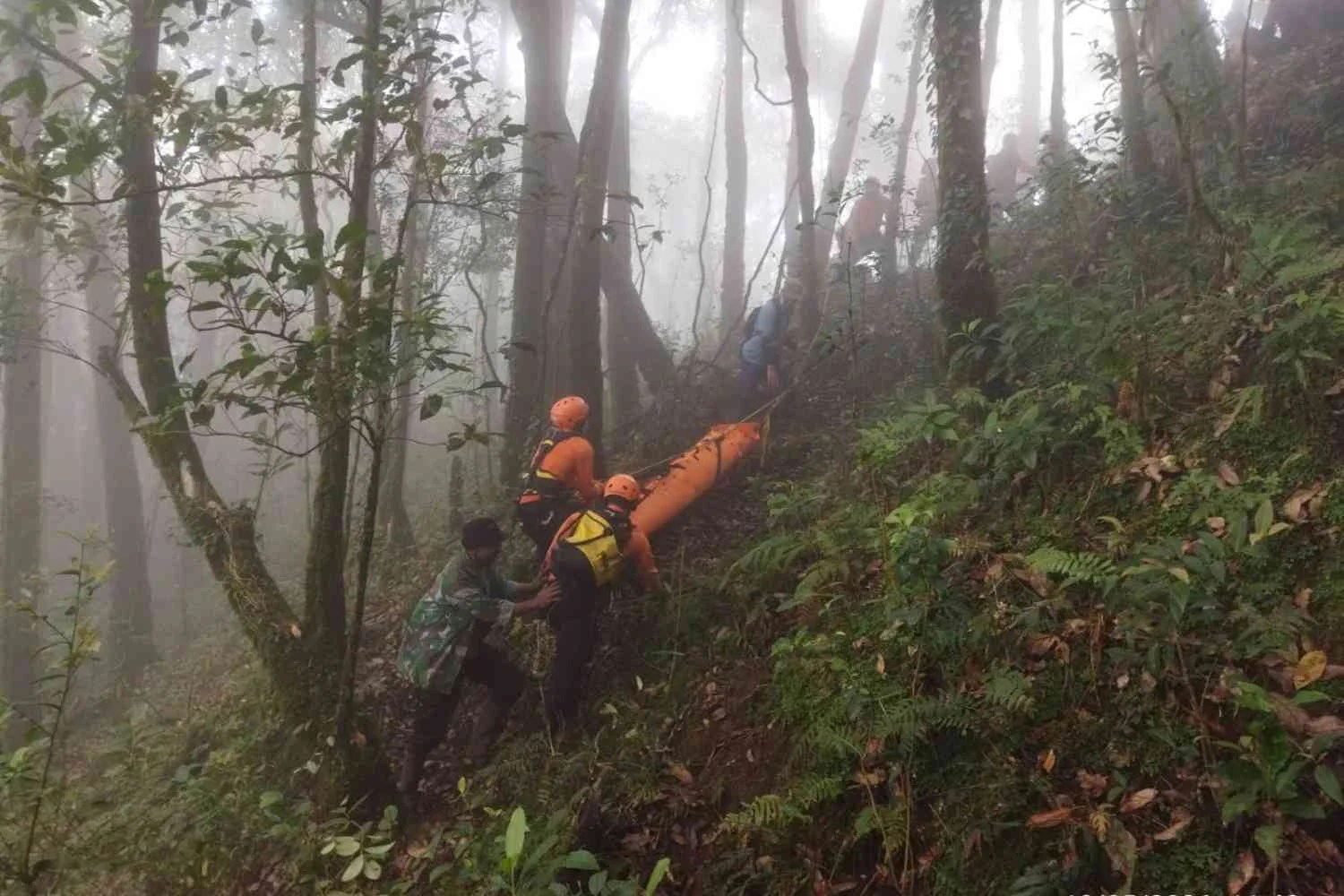 Personel SAR Gabungan saat melakukan proses evakuasi jenazah dari dasar jurang di Gunung Batukaru Tabanan.