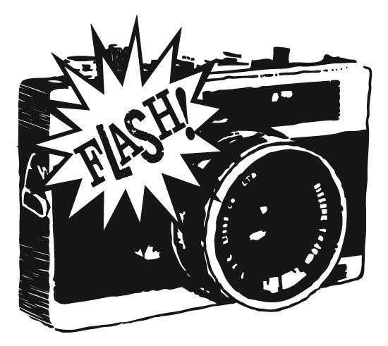 Black and white camera with a "FLASH!" speech bubble