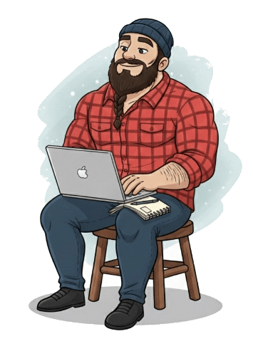 Cartoon illustration of a bearded man sitting on a stool, smiling while working on a laptop.