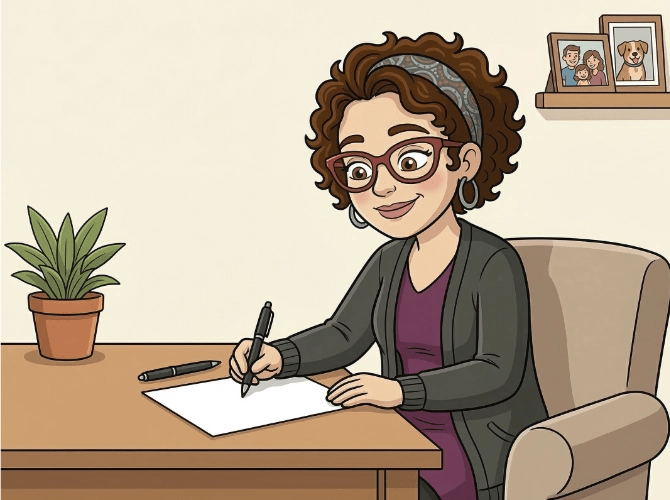 Cartoon illustration of a woman smiling while writing a letter at a desk.