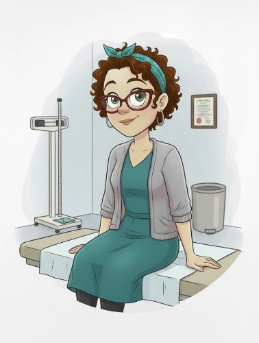 Cartoon illustration of a woman sitting on a medical examination table in a doctor's office.
