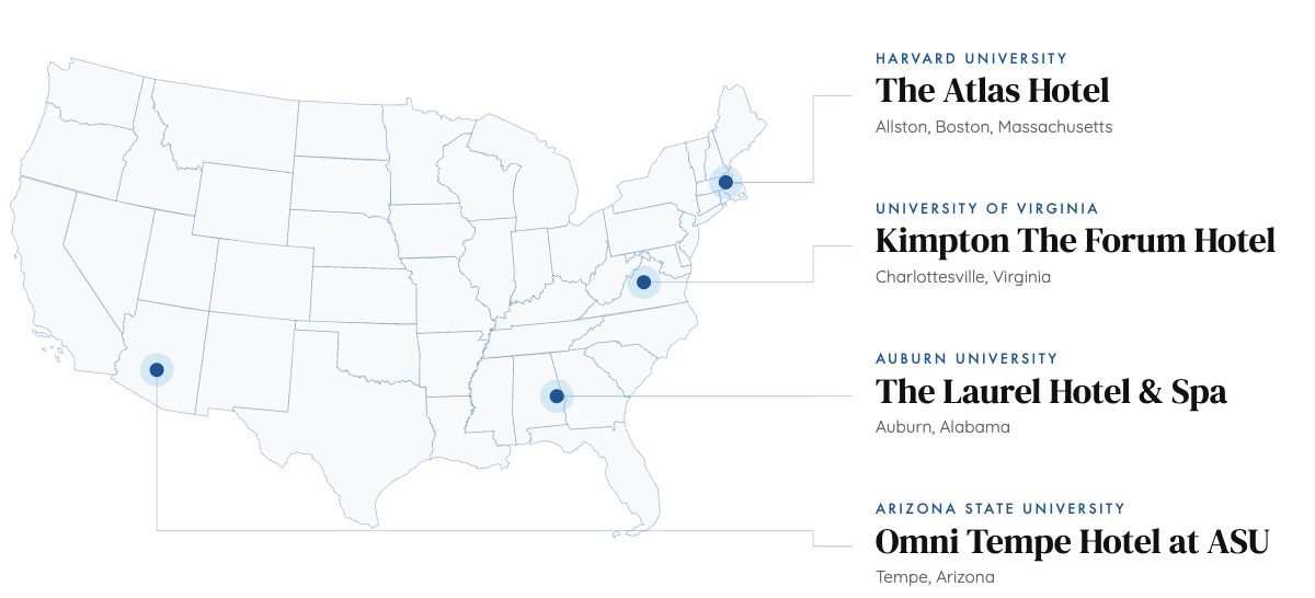 Map of campus hotel picks — Laurel Hotel & Spa, The Atlas Hotel, Kimpton The Forum Hotel, and Omni Tempe Hotel At ASU