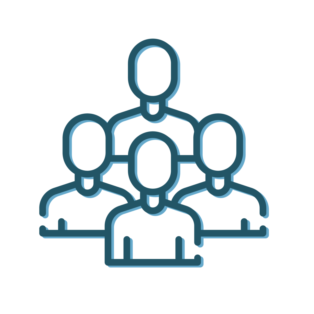 Blue outlined group of four people icon