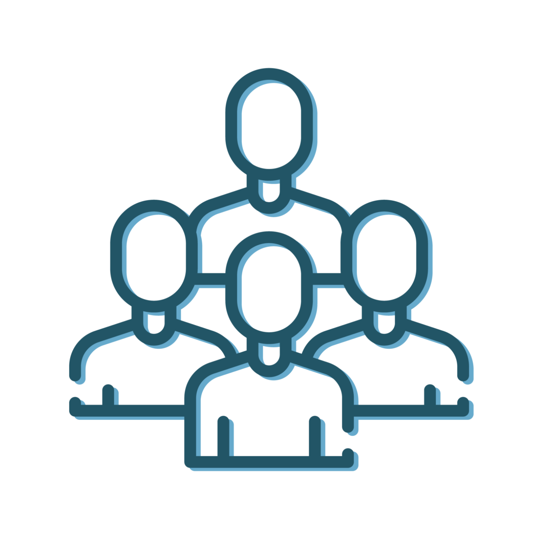 Neon blue four-person group icon on black background