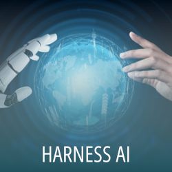 Robot and human hands surrounding digital globe