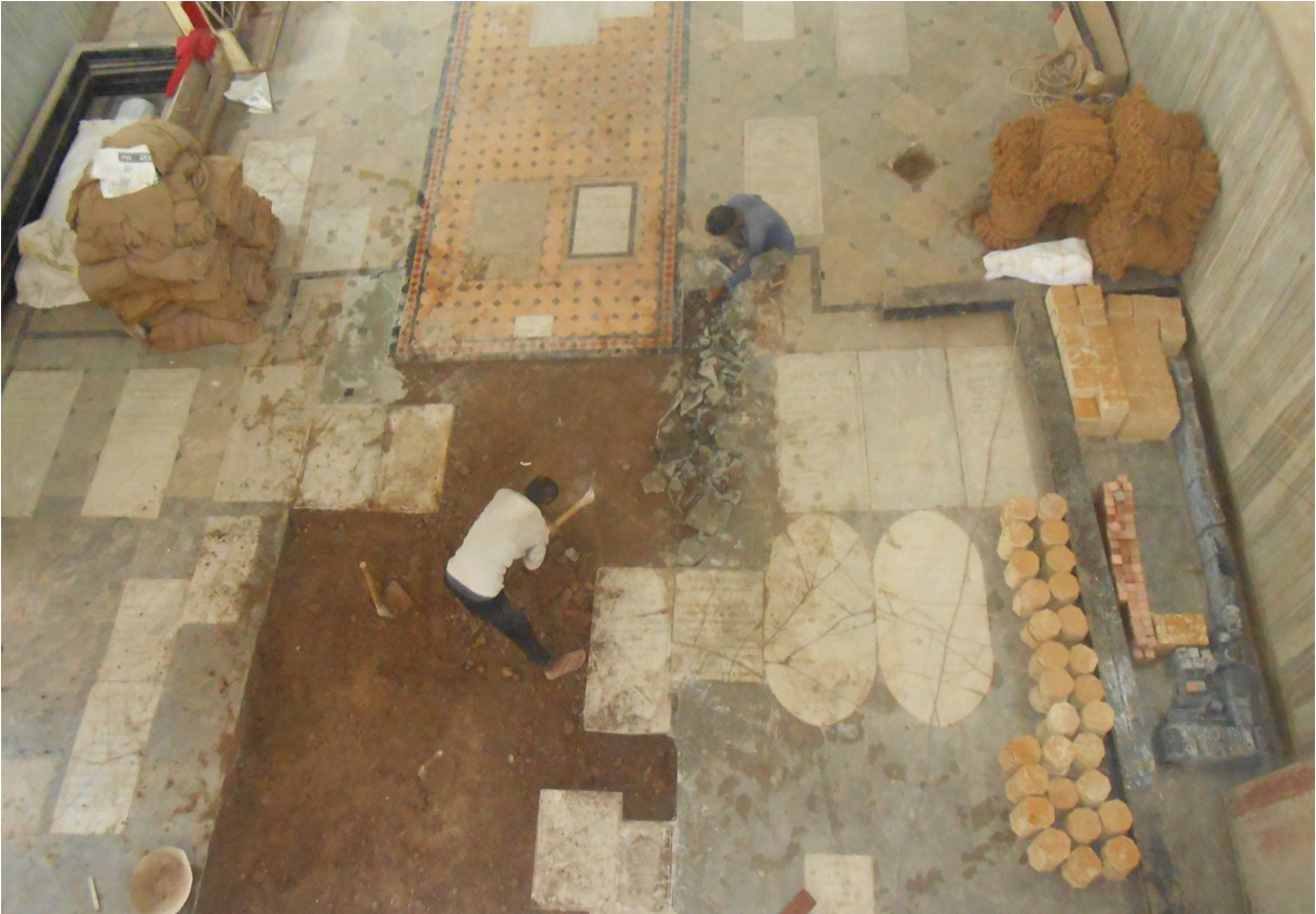Careful removal of Kota stone flooring from the nave without damage to tombstones. The Minton-tile floor was recreated by using a combination of Jaisalmer stone, black marble and Andhra red stone.