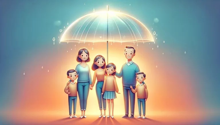 Family under a transparent umbrella symbolizing understanding child riders in life insurance policies