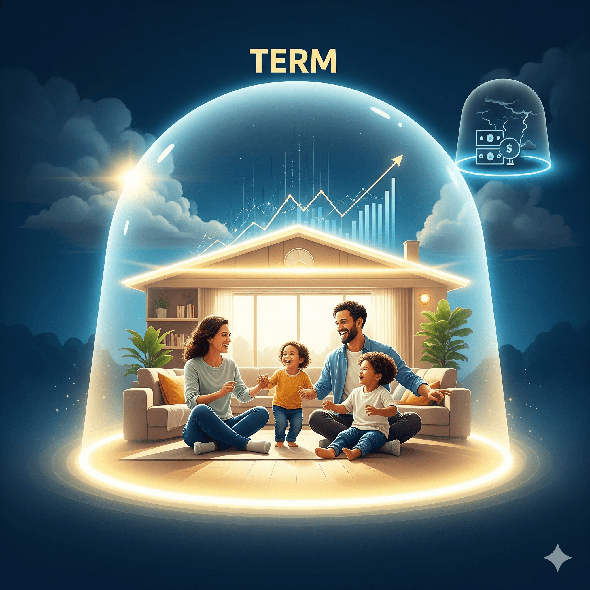 A radiant, protective light dome encases a cozy home where a family enjoys time together, symbolizing the benefits of term life insurance.