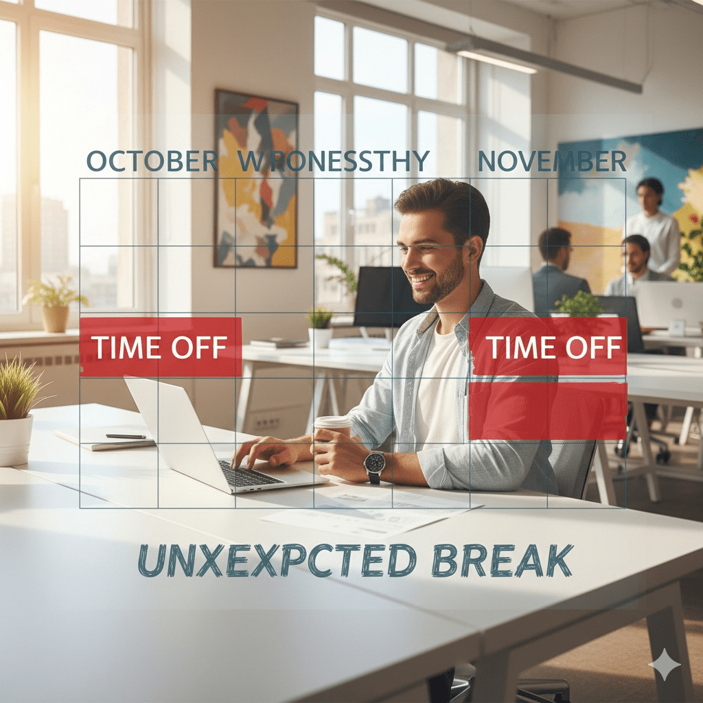 A young professional confidently working on their laptop in a modern, bright office space. They are smiling, but a subtle, transparent overlay shows a calendar with several weeks blocked out, symbolizing unexpected time off. The image should convey both ambition and the importance of planning for the unexpected, symbolizing disability insurance for young adults.