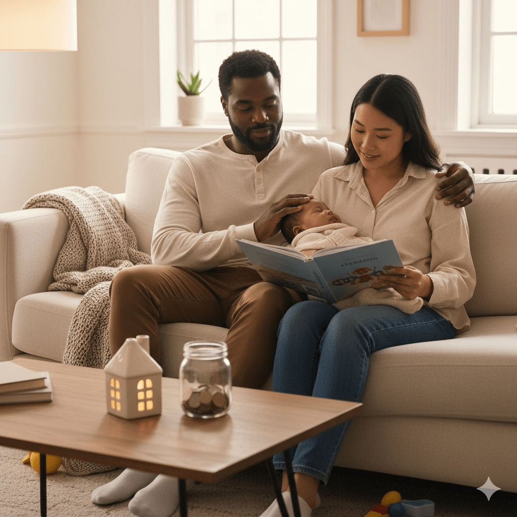 A warm, inviting image of a diverse millennial family (a couple in their late 20s/early 30s with a young child or baby) sharing a quiet, tender moment at home, symbolizing life insurance for millennials.