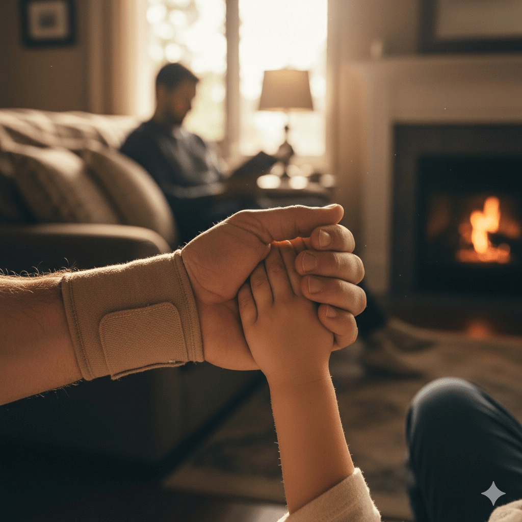 This touching image beautifully illustrates the enduring strength of a parent's love and resilience. A parent's hand, subtly braced from a past injury, gently holds a child's hand, symbolizing the security and unwavering bond within a family. For parents looking to protect their loved ones through life's uncertainties, understanding the benefits of long-term disability insurance for parents can provide crucial peace of mind and financial stability, ensuring that even if adversity strikes, your family's future remains secure. Discover how to safeguard your family's well-being and maintain stability, mirroring the quiet strength shown in this embrace.