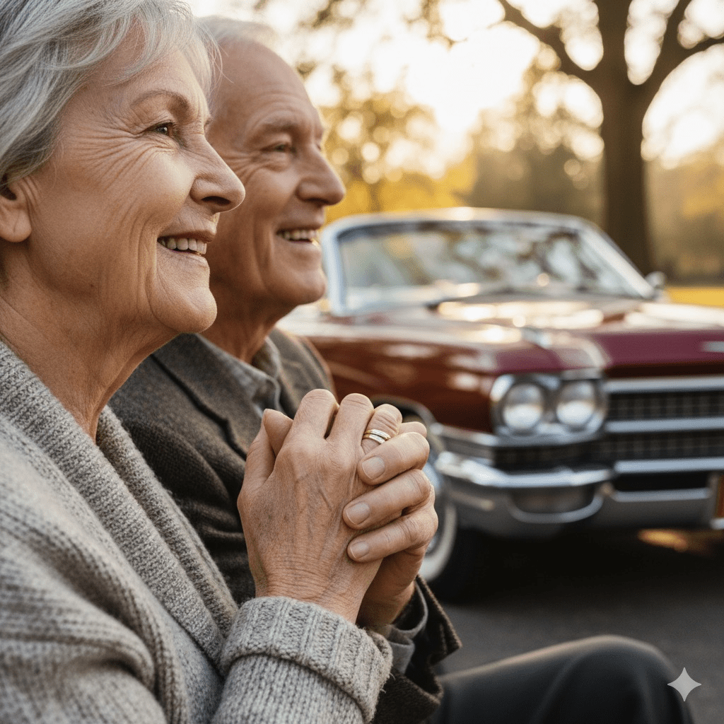 This heartwarming image captures a senior couple's joy and nostalgia, highlighting the importance of reliable auto insurance for seniors as they enjoy their golden years.