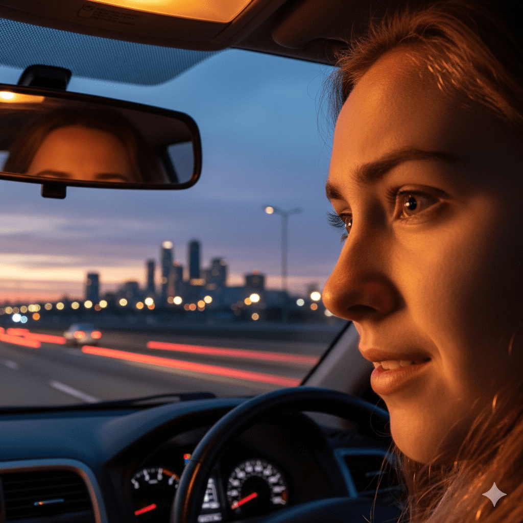A person looks in the rearview mirror while merging onto the freeway symbolizing the independence and risks associated with auto insurance for young drivers.
