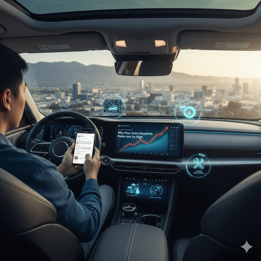 Factors influencing your auto insurance premiums; this image depicts a driver inside a car looking at a digital dashboard graph that illustrates rising costs and key rating variables like location, vehicle type, and financial data.