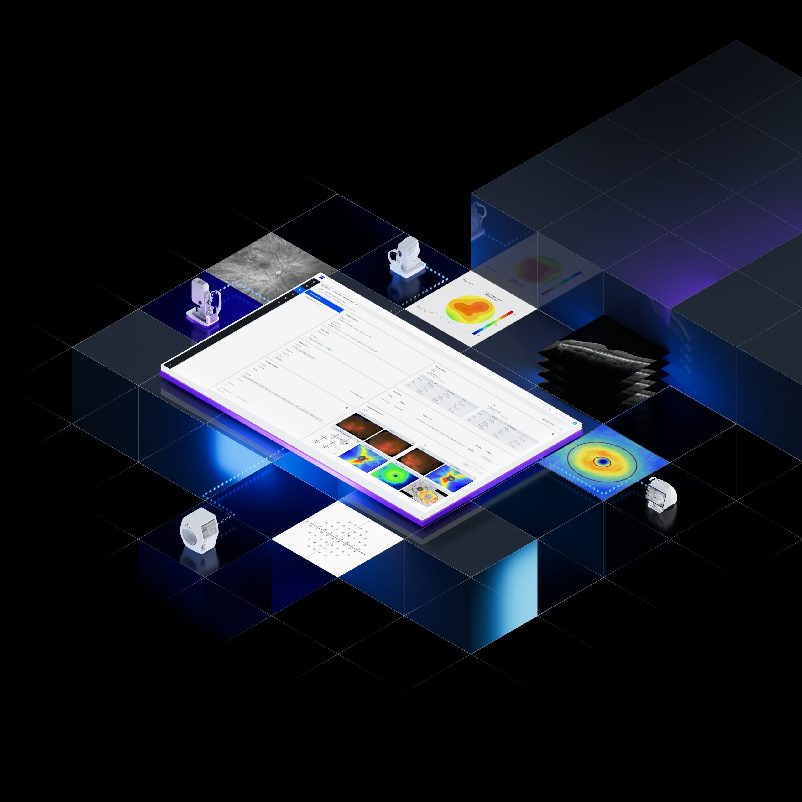 3D model of connected screens against a dark background