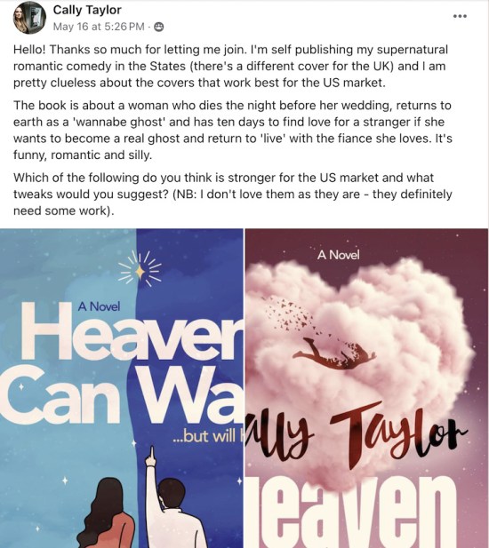 Facebook post requesting book cover feedback