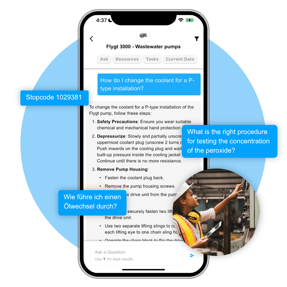 Industrial workers ask questions in the InSkill app