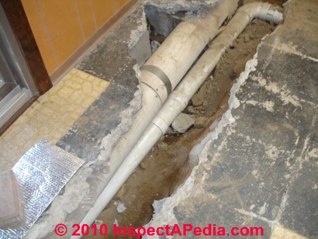 Replace drain pipe by excavating through the floor or digging from outside the house this is absolutely the worst possible method because it takes a number of weeks to dig up all the concrete, then dig through the soil which has to be replaced, and then to replace the concrete. Cast Iron Drain Piping Under Floor Leak Diagnosis Repair Case Study