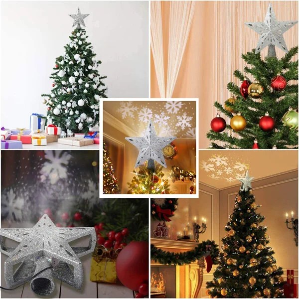 Christmas Tree Topper Lighted Star with Rotating Snowflake Projector 3D