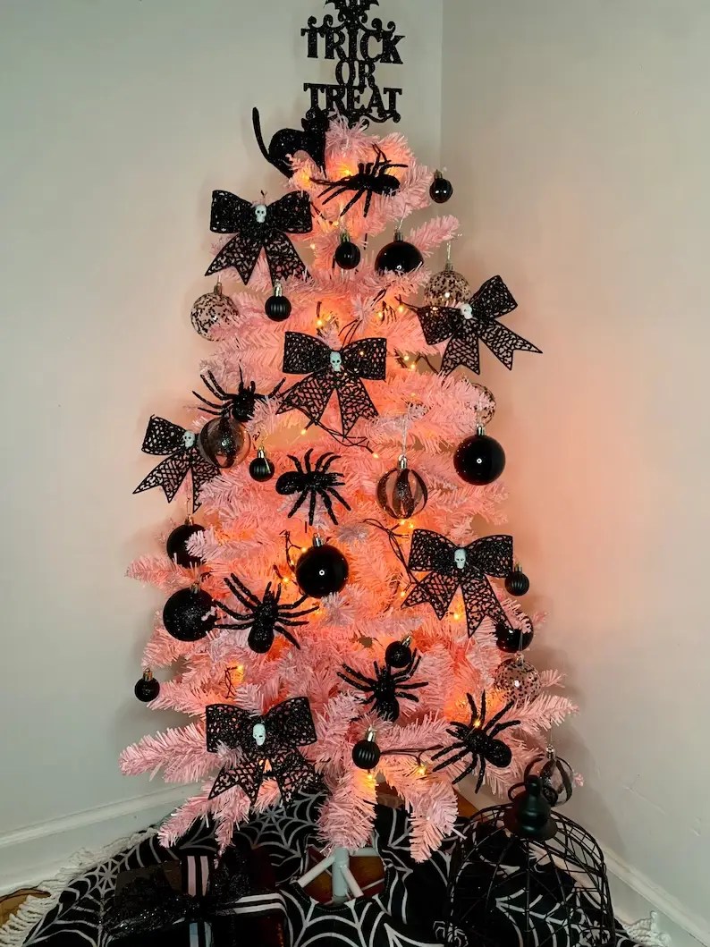 Pink Halloween Tree with Black Bugs