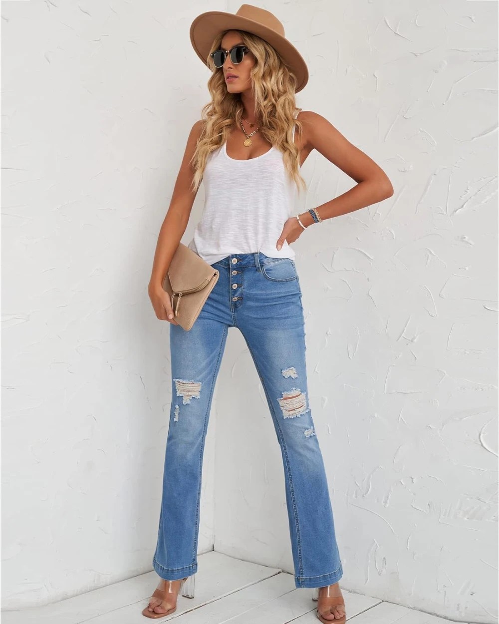 Cute White Top with Flare Jeans and Bag