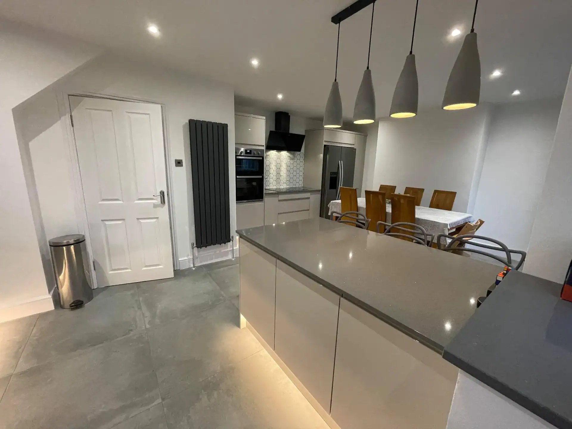 Designer vertical radiator fitted in open-plan kitchen diner in Low Fell, Gateshead