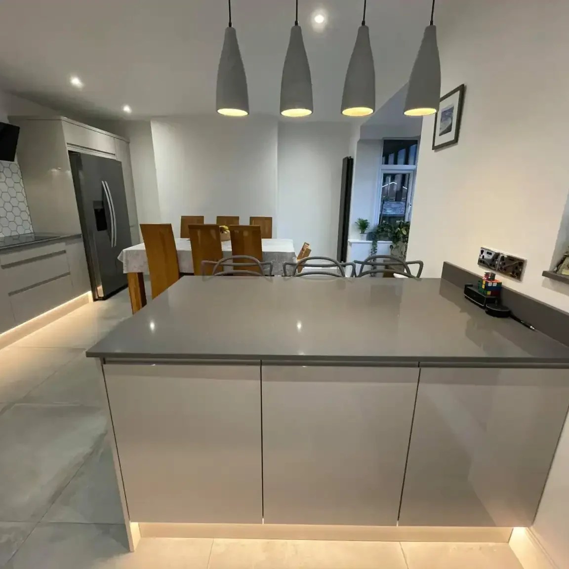Pendant and recessed lighting installed in modern open-plan kitchen diner in Gateshead