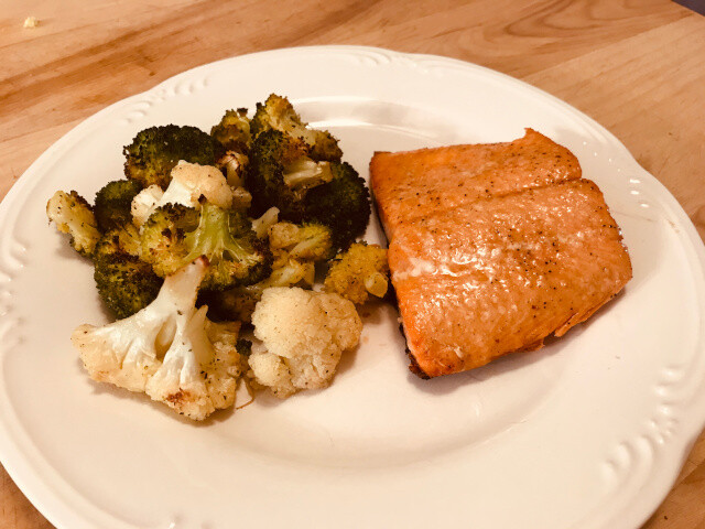 salmon, broccoli and cauliflower