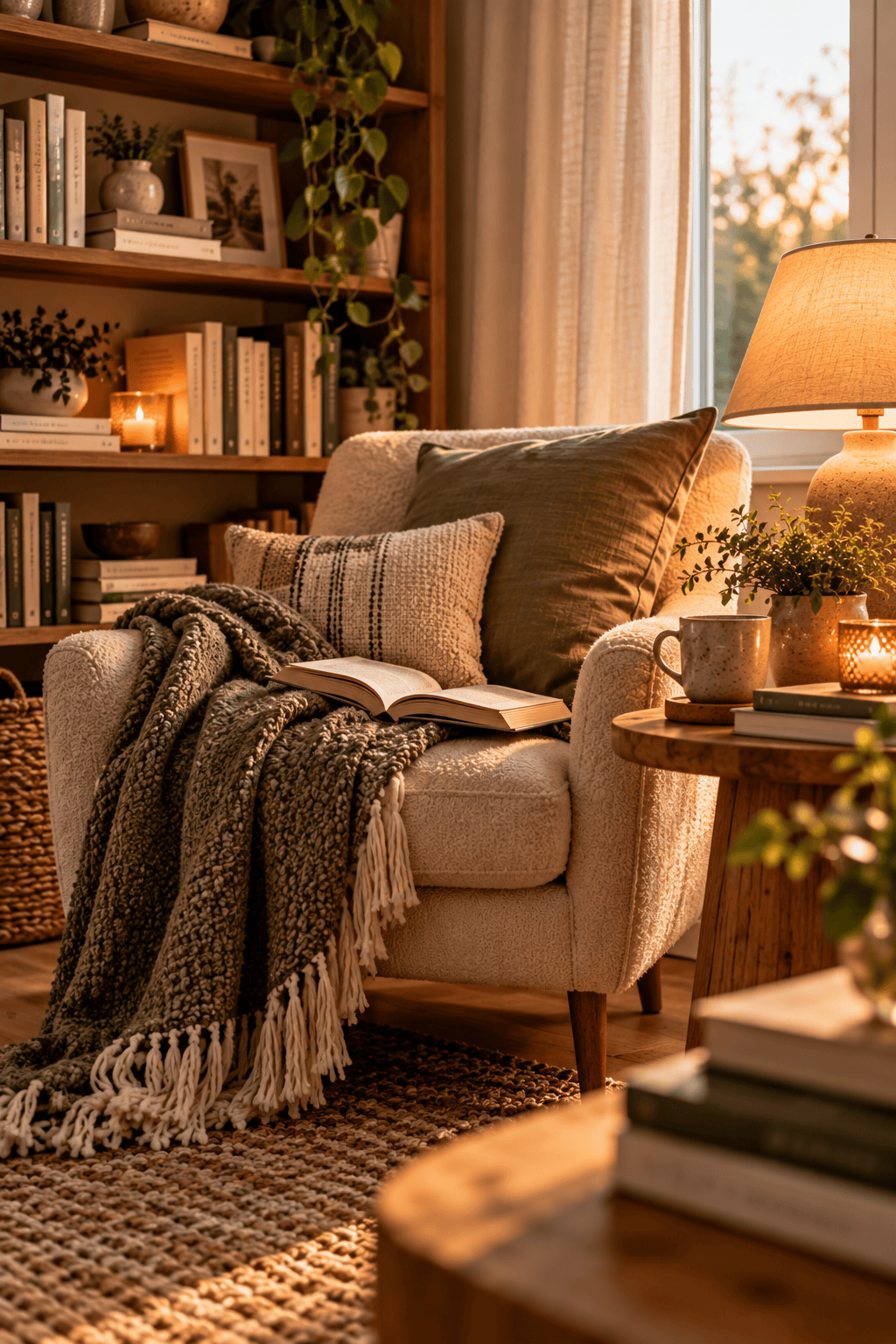 Gemütliche Leseecke mit Sessel, Büchern, Decke und warmem Licht