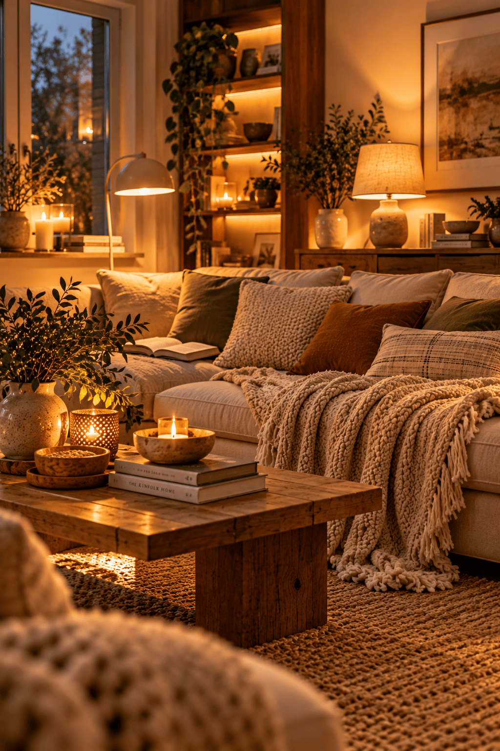 Wohnzimmer am Abend mit mehreren warmen Lichtquellen und Kerzen