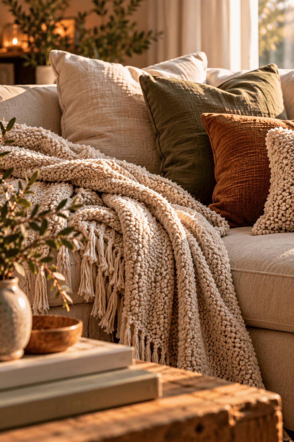 Strukturierte Decke und Kissen in Creme, Olive und Terrakotta auf einem gemütlichen Sofa