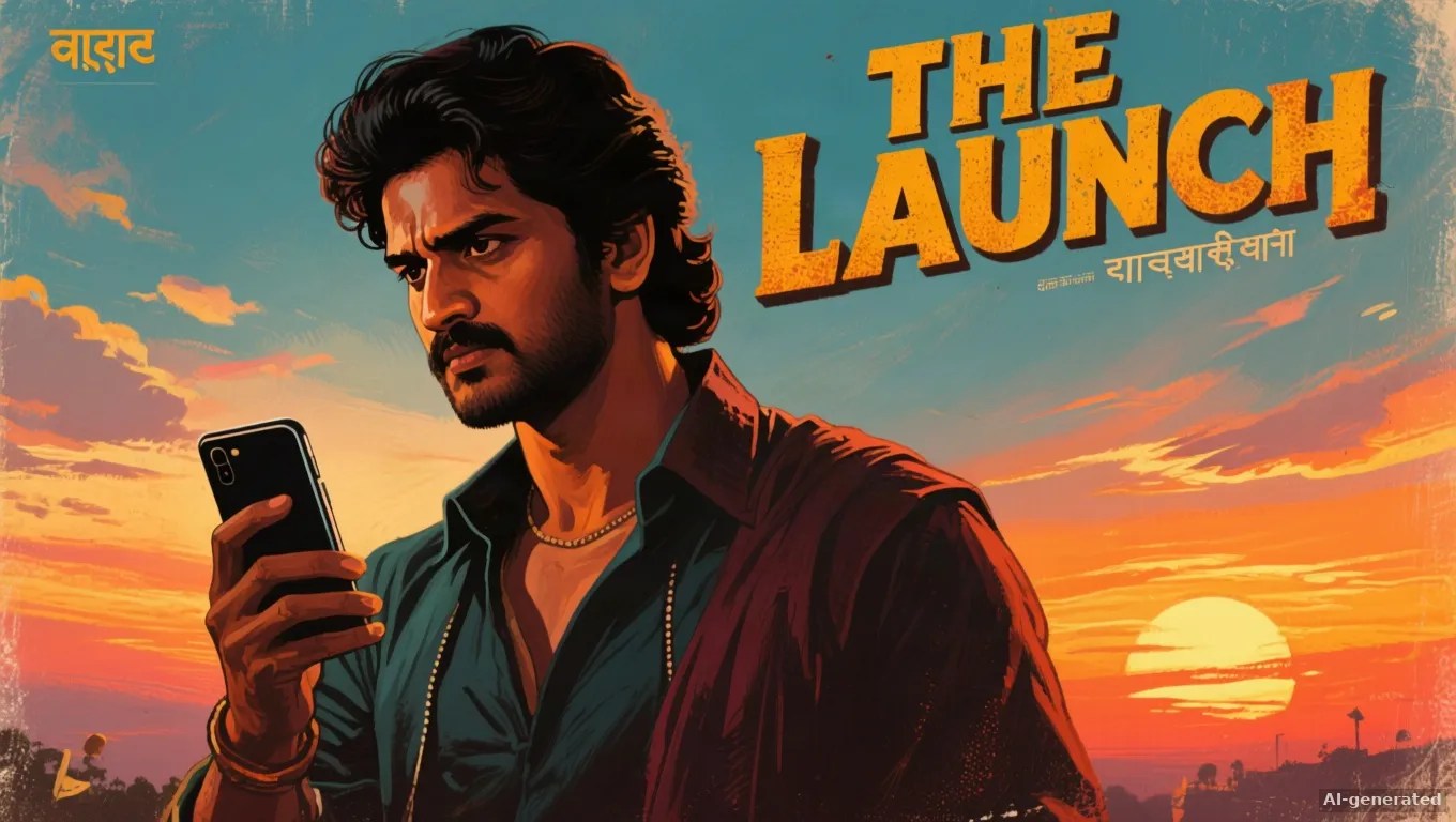 Bollywood film poster style AI image of a hero holding a smartphone at sunset, made with InstaStudio
