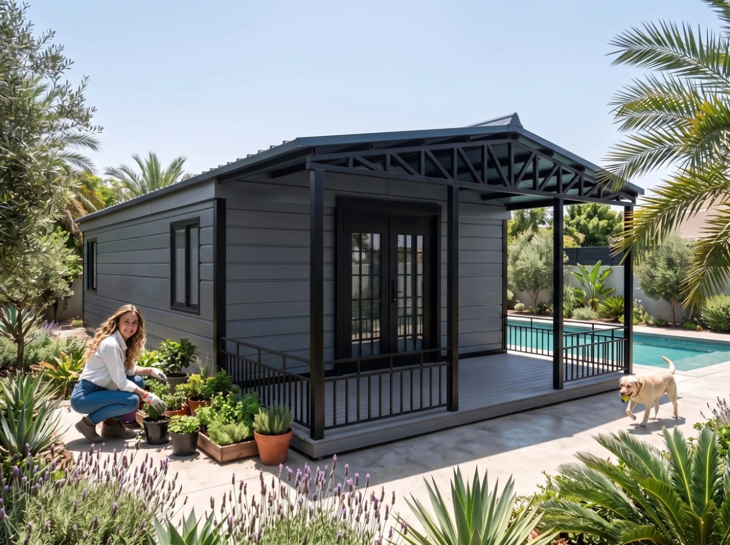 INSTASHACK backyard studio with covered deck beside a pool, woman gardening and dog in a sunny garden