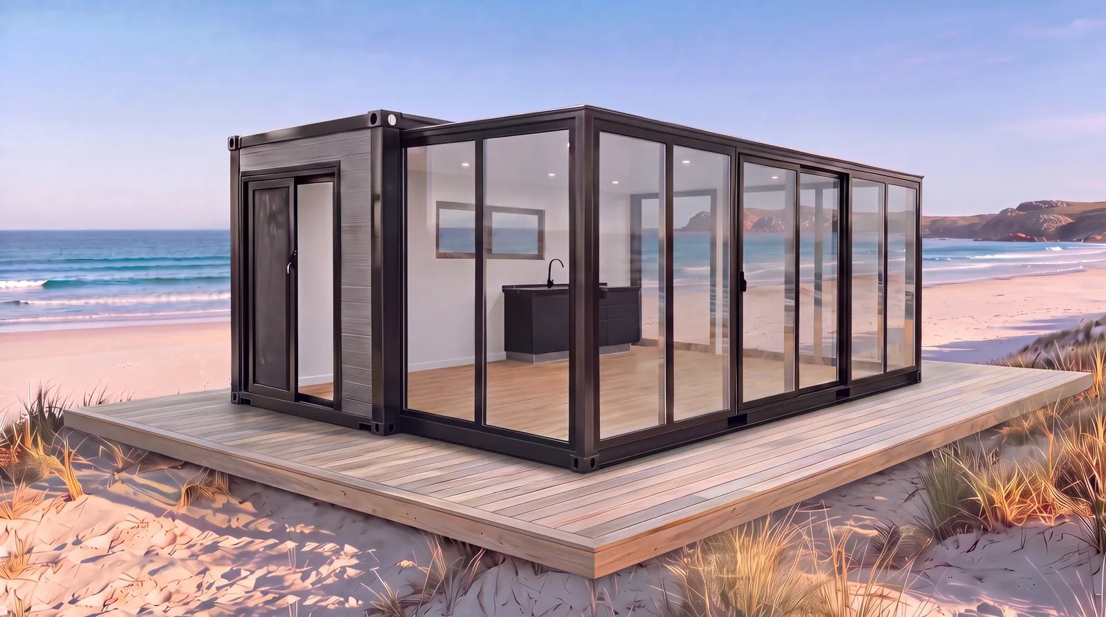 The Slide-Out Studio by INSTASHACK with its glass slide-out wing extended, on a timber deck overlooking the beach