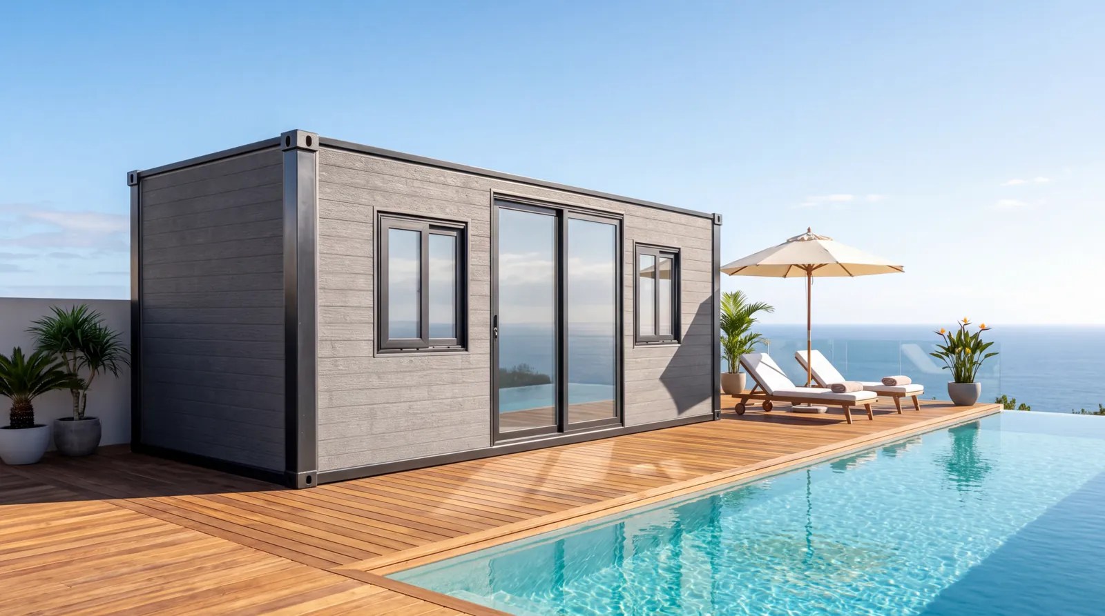The Studio by INSTASHACK, a compact expandable studio with sliding glass doors, on a timber pool deck overlooking the ocean