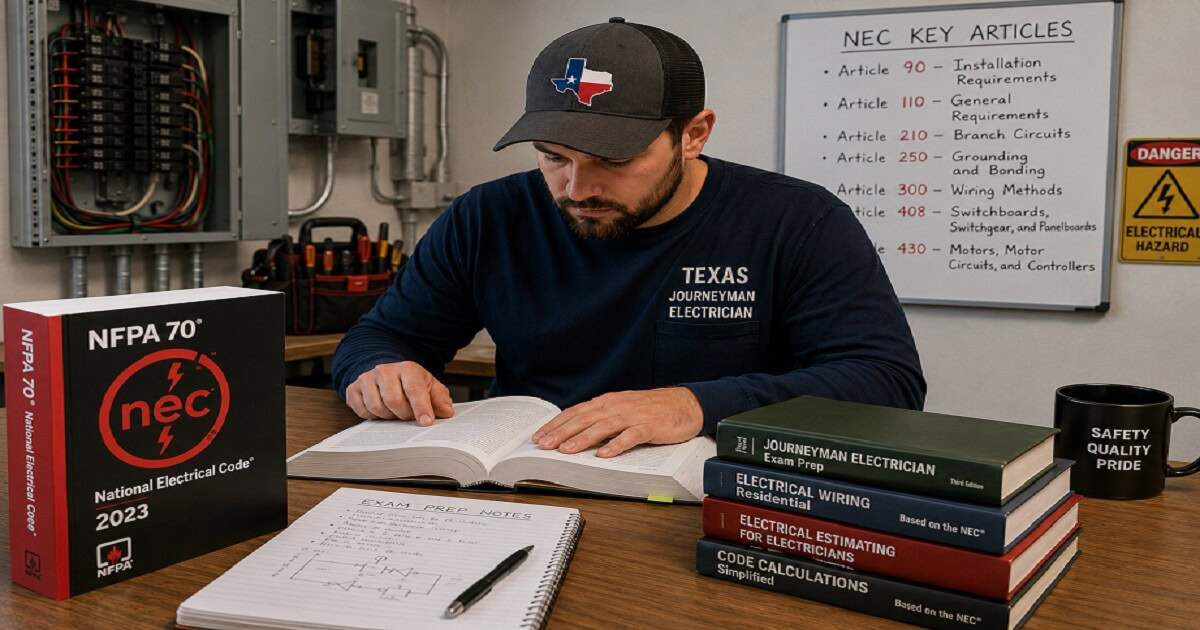 electrician reviewing National Electrical Code book for exam prep, electrician license in Texas