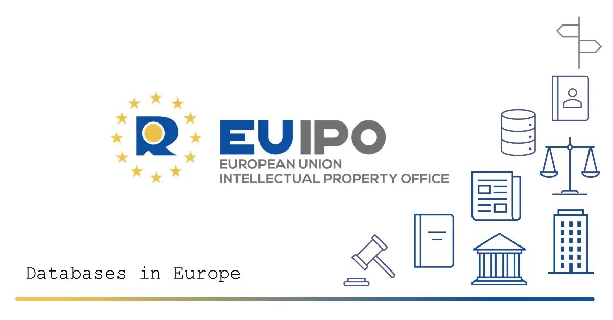 EUIPO logo with 'Databases in Europe' caption and icons representing legal and data concepts on the right (gavel, scales, database, documents, buildings) with a gradient line at the bottom.